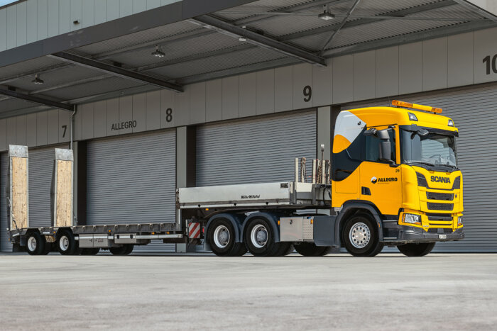 Allegro Transport Fahrzeugpark Scania 5 Achs Sattelzug Tiefbettauflieger