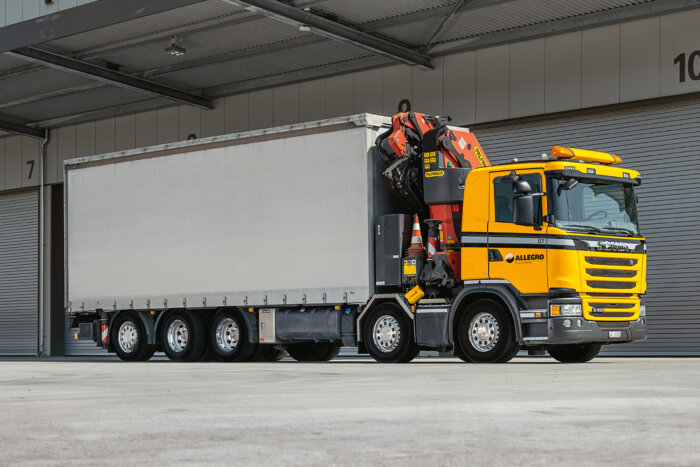 Allegro Transport Fahrzeugpark Scania 5 Achs Spezial Kranwagen Kranarbeit bis 53to m